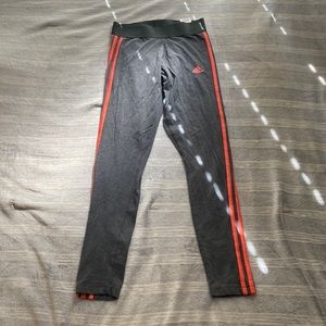 gray adidas leggings with pink/coral stripes